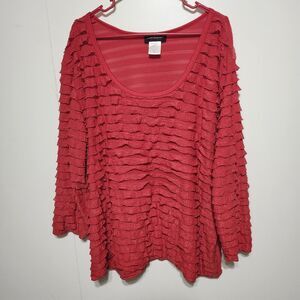 Travel Elements Red Tiered Ruffle Top Womens 3X 3/4 Sleeve Stretch Blouse